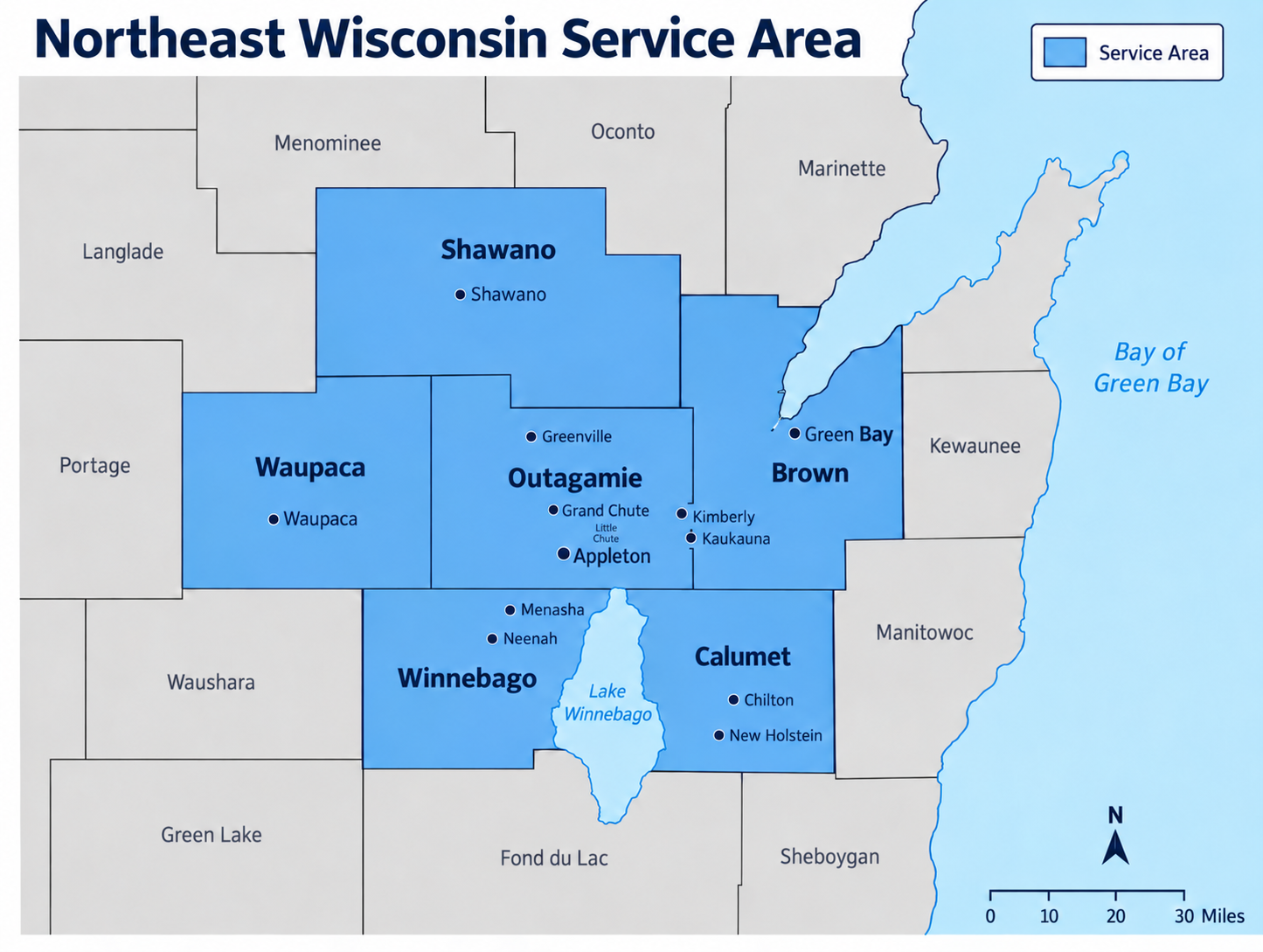 Northeast Wisconsin service area map highlighting Shawano, Waupaca, Outagamie, Brown, Winnebago and Calumet counties, with cities including Green Bay, Appleton, Grand Chute, Kimberly, Kaukauna, Menasha, Neenah, Chilton, New Holstein, Shawano and Waupaca.