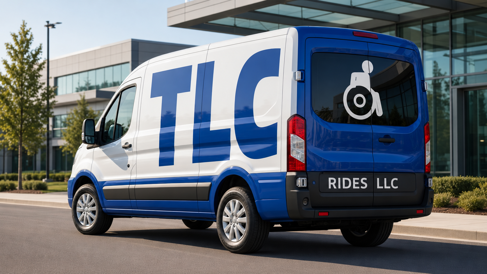 TLC Rides blue and white accessible van with TLC RIDES LLC lettering and a wheelchair symbol, parked outside a modern building.